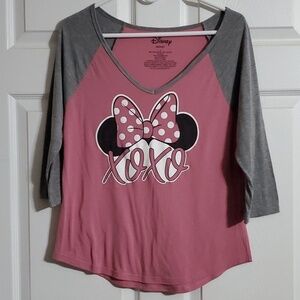 Disney Minnie Mouse Ears Loves & Hugs Pink Grey V Neck 3/4 Sleeve Tee Size Large